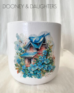 Decorated Plant Pots: Large Pot - Blue Bird House