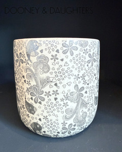 Unglazed Ceramics: Large Pot - Grey Birds & Hearts