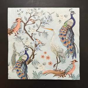 Napkins: Napkin - Peacocks & Heron in Garden on Blue