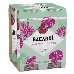 Beer & Cider Drinkland: Bacardi Cocktail Raspberry Mojito 4 Pack 250ml Can