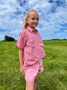 Children's Tussock Short Sleeve Shirt - Peachy Red Check