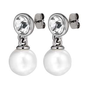 Wedding Jewellery Collection: Naomi Shiny Silver Earrings - Crystal / White Pearl