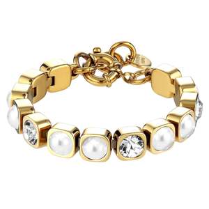 Clutch Your Pearls: Conian Gold Tennis Bracelet - Crystal / White Pearl