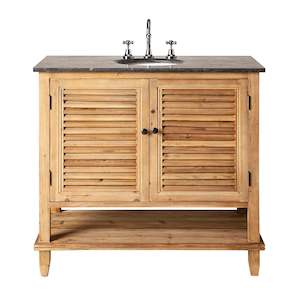 Bathroom Vanities: Louver 2 door Vanity with Base Shelf Blue Stone Top