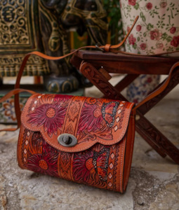 Handbags Luggage Wallets: Leather Hand Tooled Cross Body Bag - Elderflower