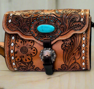 Leather Hand Tooled Cross Body Bag - Turquoise Detail