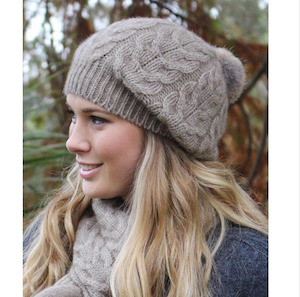 Possum Merino Accessories: Lothlorian Possum Merino Relaxed Cable Beanie with Fur Pompom