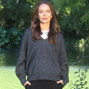 Possum Merino: Lothlorian Possum Merino Cavern V Neck Jumper - Charcoal