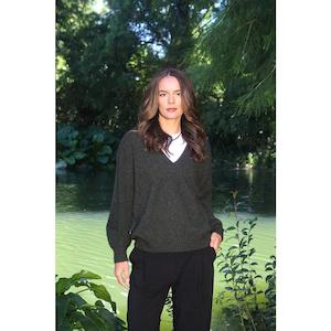 Lothlorian Possum Merino Cavern V Neck Jumper - Moss