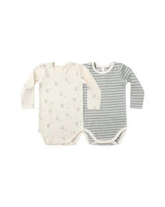 Quincy Mae - Ribbed Bodysuit - 2 Pack - Steel Blue Stripe - Owls