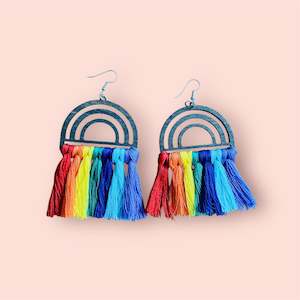 Earrings: Wooden Rainbow Tassel Earrings