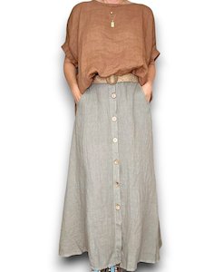 RAFFIA BELT COCONUT BUTTON LINEN MIDI SKIRT MOCHA