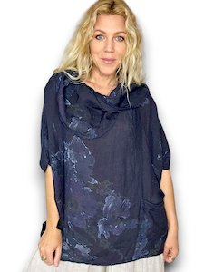 Tunics: WIDE SHAWL LINEN TUNIC BELLA BLOSSOM MIDNIGHT NAVY