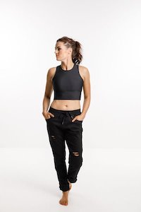 Athleisure: TANK BRA BLACK WITH WHITE ROSE CENTRE