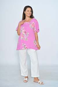 Cali Co: LINEN TOP ROUND NECK BIG FLORAL PRINT HOT PINK