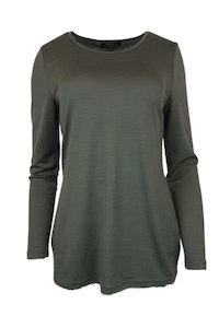 Crew Neck Womens Merino Wool Nz: WOMEN'S 100% MERINO WOOL (210) A-LINE SCOOP LONG SLEEVE TOP KHAKI