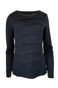 MERINO TUCK PLEAT TOP WOMENS LONG SLEEVES ROUND NECK FRENCH NAVY