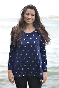 Scoop Neck Womens Merino Wool Nz: WOMENS 100% MERINO WOOL (210) LONG SLEEVE SWING TOP SPOT PRINT NAVY/ROSE