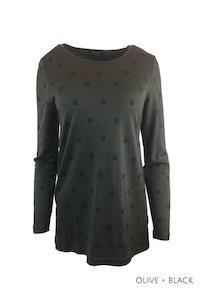 WOMEN'S 100% MERINO (210) A-LINE SCOOP LONG SLEEVE TOP SPOT PRINT OLIVE & BLACK