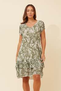 V NECK COTTON VISCOSE LAYERED DRESS GREEN