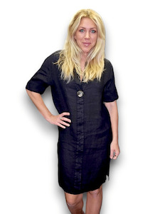 BRASS BUTTON DRESS TUNIC LINEN BLACK