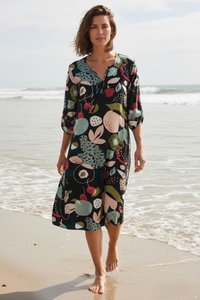 COTTON KAFTAN TAB SLEEVE TIE FRONT BLACK MULTI PATTERN