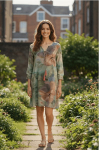 COTTON KAFTAN TAB SLEEVE TIE FRONT PASTEL FLORAL