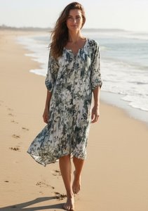 COTTON KAFTAN TAB SLEEVE TIE FRONT RAIN PRINT