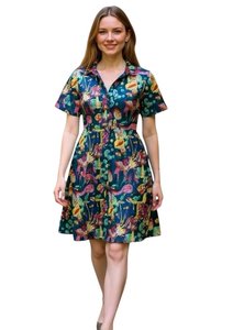 Tunics: COTTON TUNIC STAND COLLAR TROPICAL BLUE MULTI