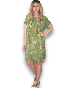 JUNGLE DRESS LINEN SCARLETT ROSE GREEN IVY