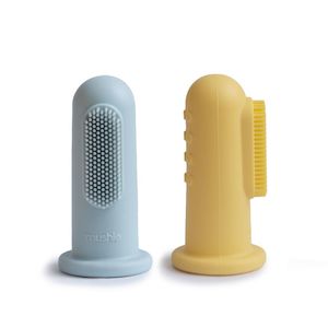 Mushie Baby Accesories: Mushie Finger Toothbrush - Powder Blue/Pale Daffodil