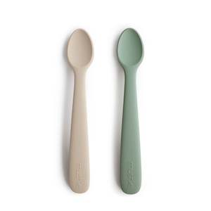 Mushie Feeding Spoons: Mushie Feeding Spoon - Cambridge Blue / Shifting Sand