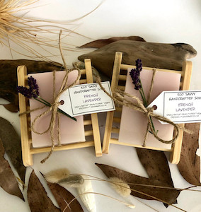 Products: French Lavender on a wooden soap dish Eco Savvy