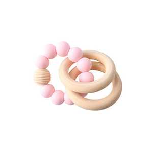 New: Wooden Silicone Teether 2 Rings : Pink