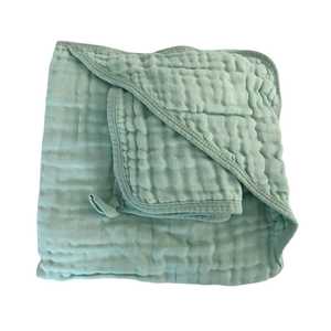 Muslin Hooded Towel & Wash Cloth: Sea Foam