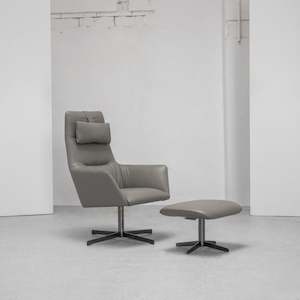 Apartment: Qing Swivel Chair / Footstool - Grey + Leather
