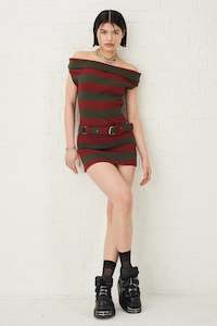 Womens Dresses: Pixie Bardot Stripe Mini Dress -Burgundy/Grey Was $160 Now