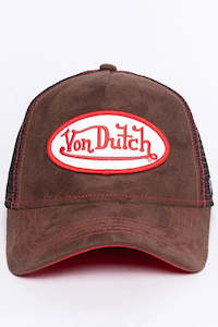 Trucker Hat- Brown Suede and Red