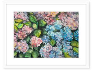Hydrangeas in blue & crimson
