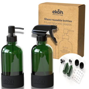 Green Glass Spray Bottles & Pump Dispenser Bottles 2 pk Refillable 500ml Cleaning Bottles