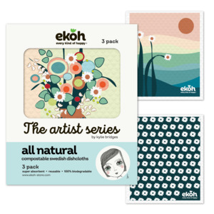 Eco Friendly Kitchen Essentials: Eco Sponge Dish Cloths Natural Compostable Cleaning Cloths Artist Sunset Prints 3 Pk