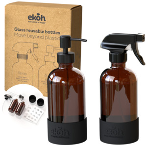 Amber Glass Bottles 500ml Set of 2 Refillable Spray & Pump Reusable Bottles with&hellip;