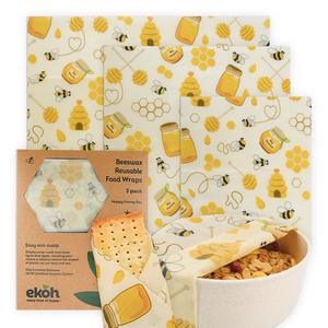 Beeswax Food Wraps: Beeswax Food Wraps Set of 3 Happy Honey Bee Prints Reusable Bees Wax Bowl Covers