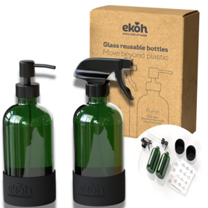 Green Glass Spray Bottles 2 Pack 500ml - Refillable Pump & Spray Dispenser