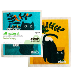 Swedish Dishcloths 2 Pack - Reusable Eco Cloths Happy Cats Print