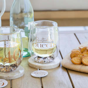 Celebration Birthday Queen Glitter Stemless Glass & Badge Set