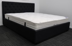 Queen black upholstered bed &amp. Pillow top mattress