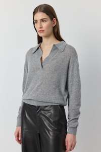 Tops: Featherweight Cashmere Polo - Dark Grey Melange