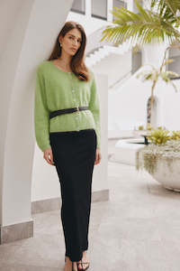 Cardigan: Brushed Cashmere Crew Cardigan - Green Melange