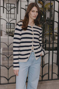 Jacket: Cashmere Striped Waffle Longline Jacket - Navy/Cream